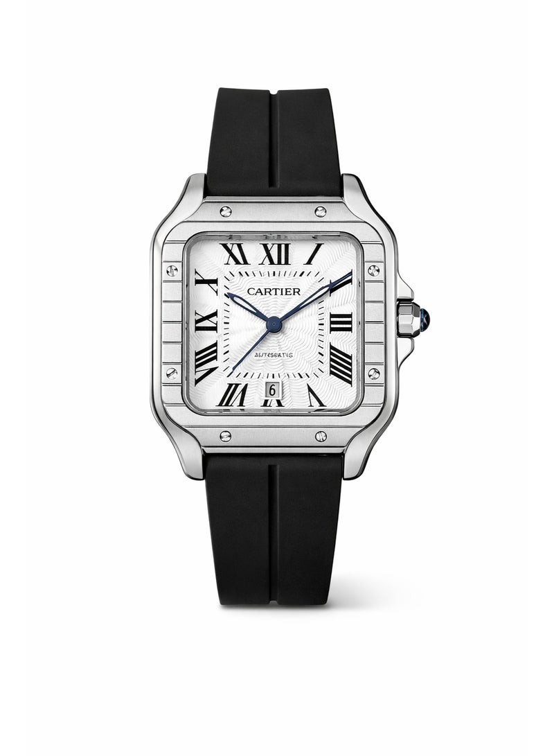 كارتييه ساعة كارتييه سانتوس مربعة من الستانلس ستيل بميناء أبيض وسوار مطاطي أسود - Image 1